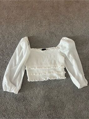 Cotton Candy White Smocked Ruffle Puff-Sleeve Crop Top